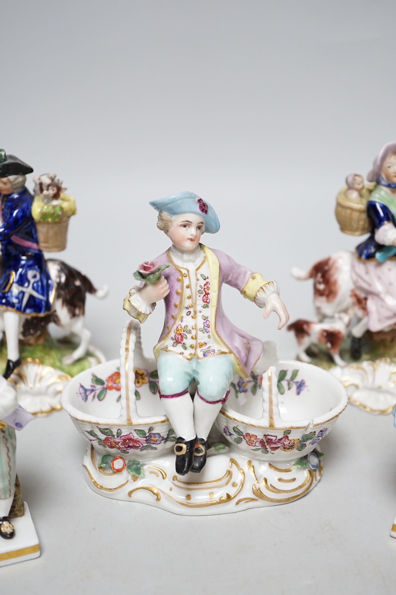 A pair of 19th century Derby figures, a pair of Meissen figures and another, tallest 13cm